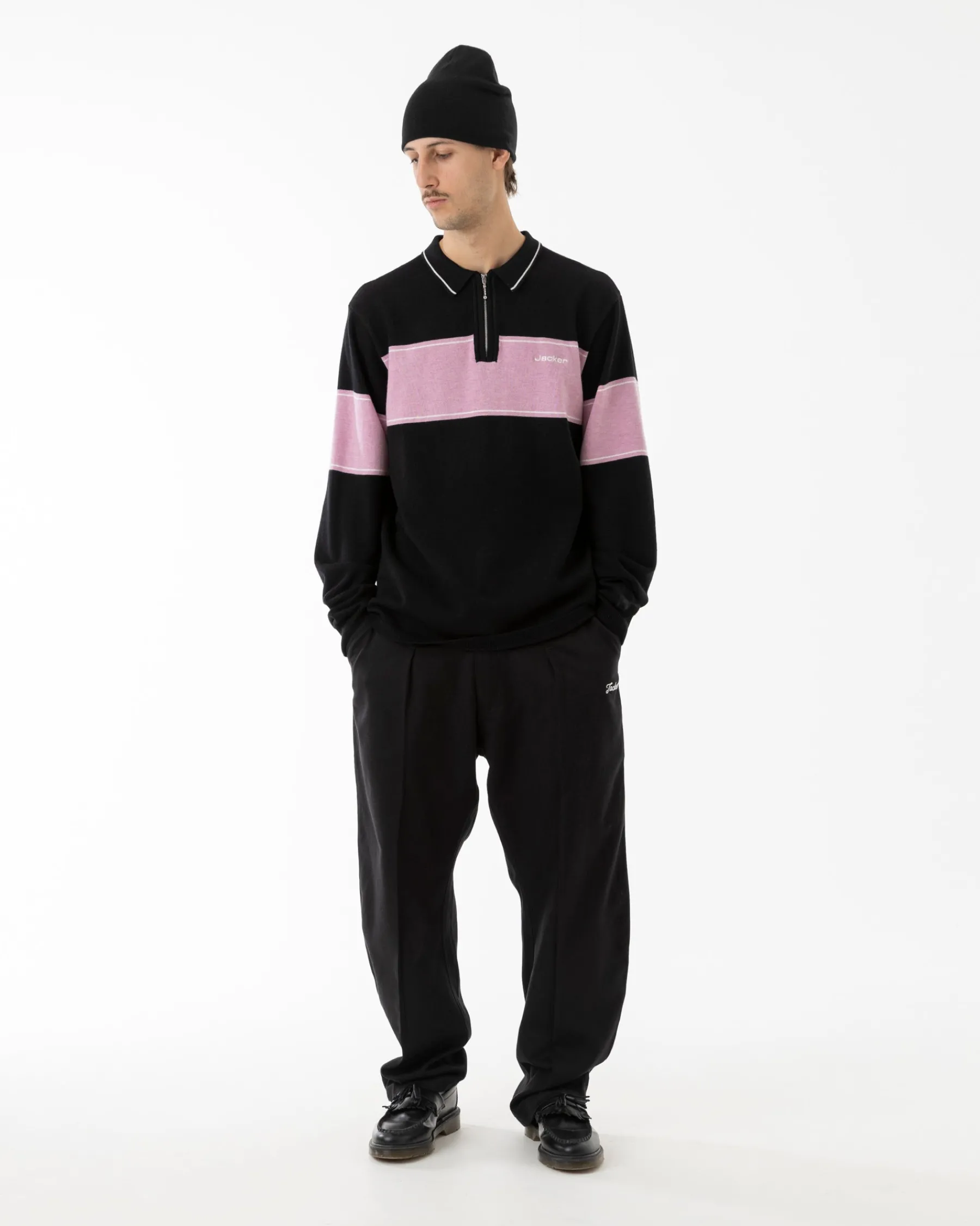 Knit|Polos|JACKER EURO STRIPE KNIT POLO - BLACK