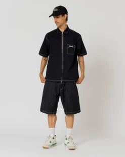 Pantalons & Shorts|Denim|JACKER SERIF LOGO DENIM BAGGY SHORT - BLACK
