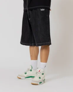 Pantalons & Shorts|Denim|JACKER SERIF LOGO DENIM BAGGY SHORT - BLACK